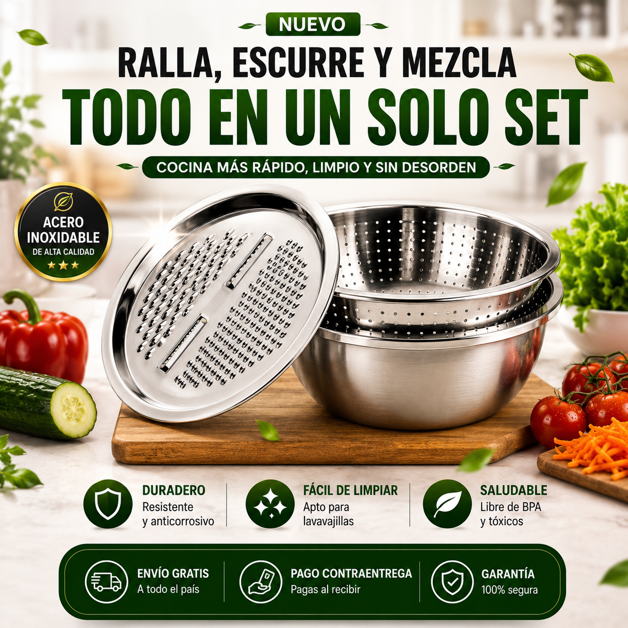 ChefPro Bowl 3 en 1™ Lava, Escurre y Ralla sin Desorden