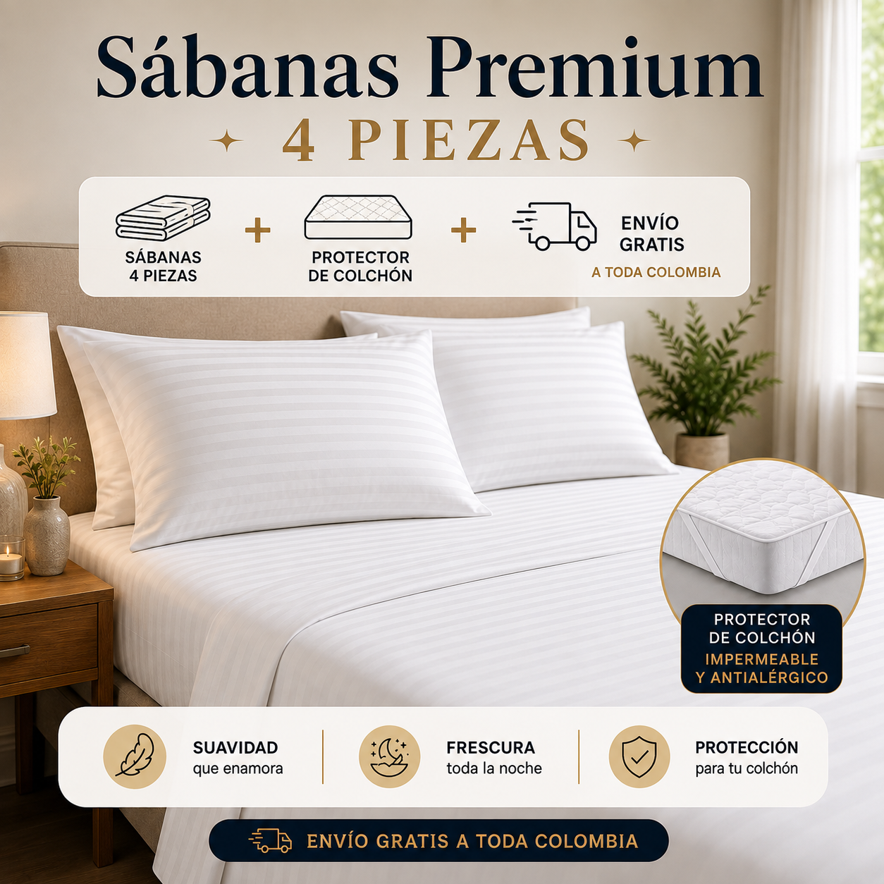 Sábanas Premium 4 Piezas + Protector de Colchón GRATIS | Envío Gratis