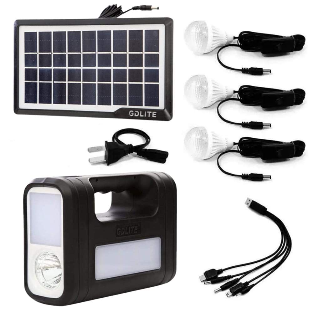 Kit Panel Solar con Bateria, linterna + 3 bombillas de luz LED